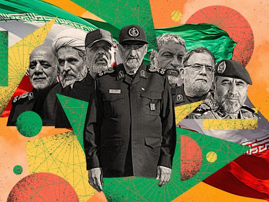Iran’s War Cabinet Recycles Old Guard Command A collage graphic featuring a central military commander flanked by six veteran Iranian officials, set against geometric patterns and the colors of the Iranian flag, visually illustrating the composition of Iran's War Cabinet and its reliance on long-standing old-guard leadership.