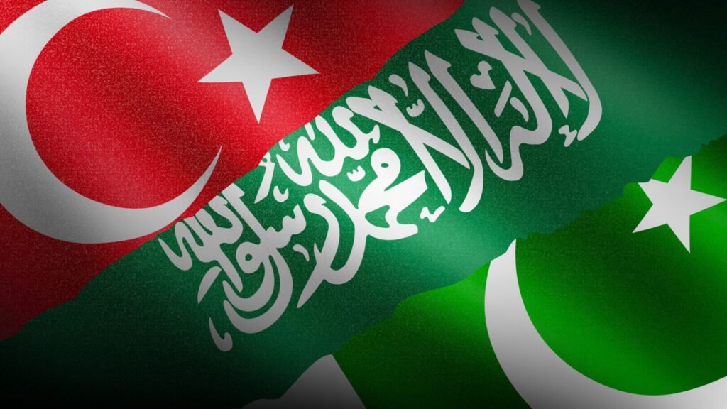 Sunni NATO Is Not the Right Label for the Mecca Pact Graphic illustration displaying the waving national flags of Turkey, Saudi Arabia, and Pakistan, representing the tripartite Mecca Pact often framed as a Sunni NATO.