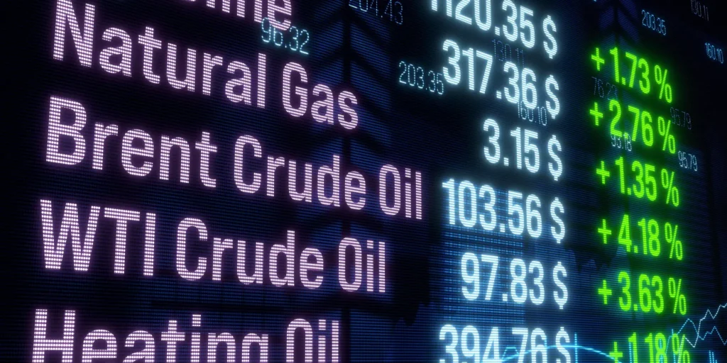 Global Oil Prices Defy Iran War Supply Disruption A close-up of a digital electronic stock trading board displaying rising prices for Natural Gas, Brent Crude Oil, and WTI Crude Oil with green percentage gains, visually representing the unexpected market resilience of Global Oil Prices despite severe supply disruption threats from the ongoing Iran war.
