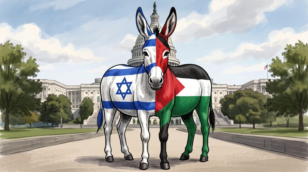 تحول المساعدات لإسرائيل هو تيار سائد، وليس استيلاءً من اليسار Democratic donkey split with Israeli and Palestinian flags symbolizing an Israel aid shift.