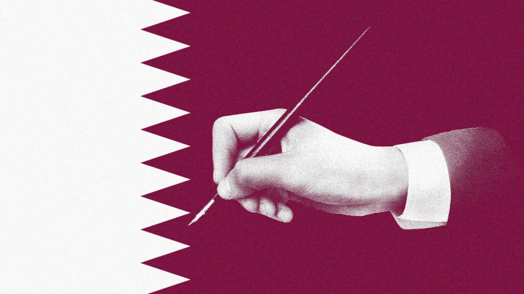 Qatar Mediation Empowers the Groups Washington Fights A stylized editorial illustration shows a hand holding a needle and thread, stitching the serrated white edge of the Qatari flag against a deep maroon background — a visual metaphor for Qatar Mediation, which the article argues ends up empowering the very groups Washington fights.