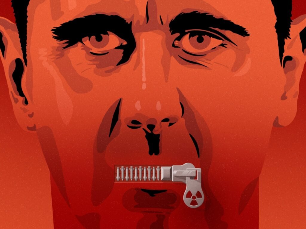 A bold red-toned illustration showing the intense, wide-eyed face of former Syrian President Bashar al-Assad, whose mouth is gagged by a metallic row of missiles ending in a nuclear radiation symbol, symbolizing the suppressed but far larger scope of the Syrian Nuclear Program that was concealed from the world during his rule.