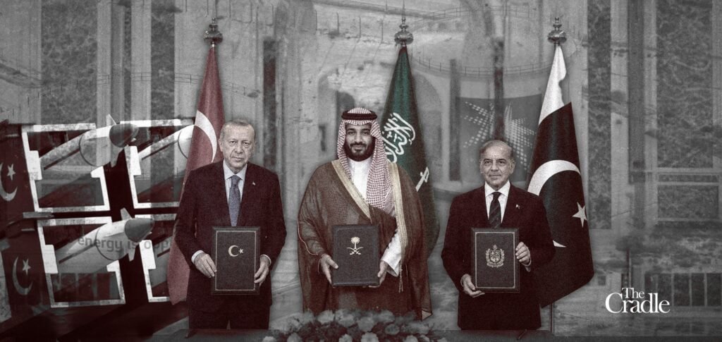 Mecca Pact Test: Ambiguity Lets Pakistan Avoid War Turkish President Erdogan, Saudi Crown Prince Mohammed bin Salman, and Pakistani Prime Minister Shehbaz Sharif stand side by side holding signed documents before their three national flags, with missiles visible in the background — a scene that captures the ambiguity at the heart of the Mecca Pact Test.