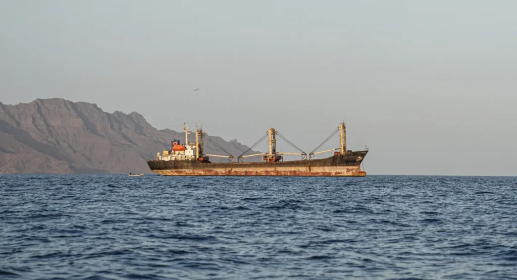 تقدم الحوثيين يغلق آخر ممر نفطي للسعودية A rust-streaked commercial cargo ship with tall deck cranes sits anchored in deep blue water off Yemen's coast at the Bab al-Mandeb Strait, rocky mountains rising behind it and a small boat nearby — a maritime scene unfolding as the Houthis Advance and close Saudi Arabia's last oil escape route.
