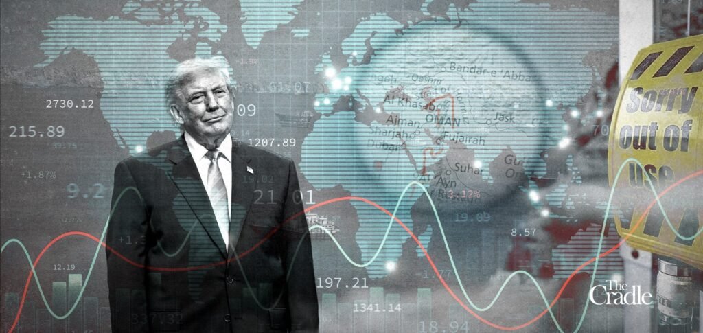 A composite image of US President Donald Trump standing confidently before a world map highlighting the Strait of Hormuz and the Persian Gulf, overlaid with fluctuating stock market charts and a yellow "Sorry Out of Use" gas pump sign, symbolizing the severe economic fallout of the Hormuz blockade and the deep collateral damage inflicted on key US allies dependent on Gulf energy.