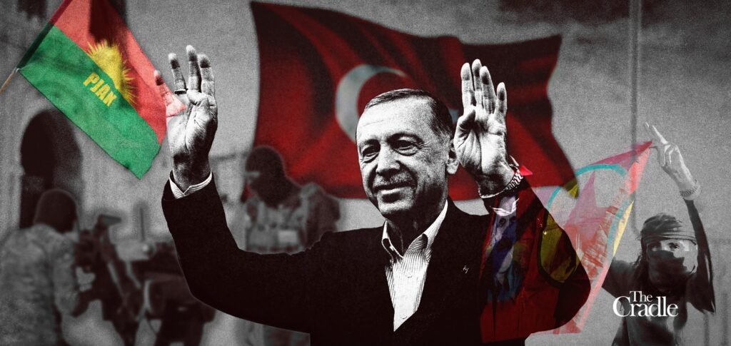 Kurdish Front Poses Critical Threat to Iran After PKK Peace A gritty political collage featuring Turkish President Recep Tayyip Erdoğan with his hands raised defensively, flanked by the PKK's green-red-yellow sunburst flag on the left and silhouetted armed fighters, set against a blurred Turkish flag backdrop, symbolizing the escalating Kurdish Front that poses a critical strategic threat to Iran following the PKK peace process.