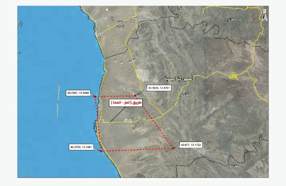 تقدم الحوثيين في البحر الأحمر يضع باب المندب تحت تهديد جديد Satellite map highlighting a strategic route along Yemen's Red Sea coast between Tamm and Al-Mokha, illustrating the Houthi Red Sea Advance that puts Bab al-Mandeb under new threat.