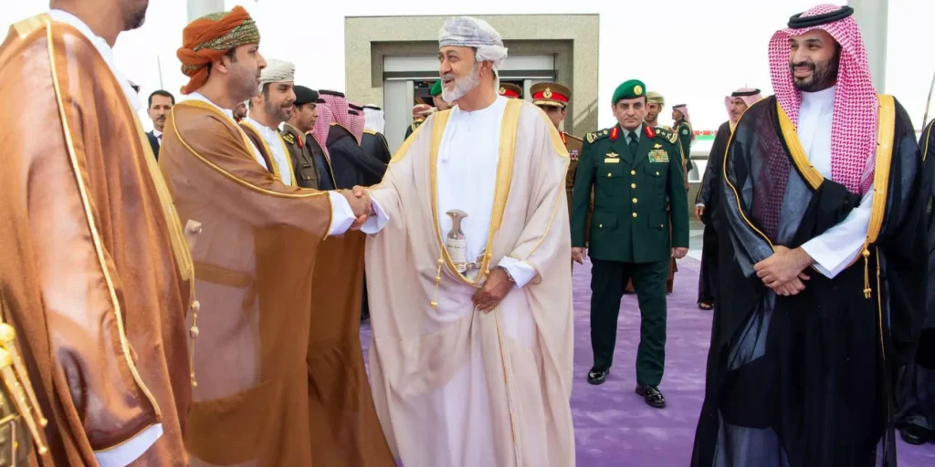 Sultan Haitham greeting leaders alongside Mohammed bin Salman reflecting US-Oman Relations.