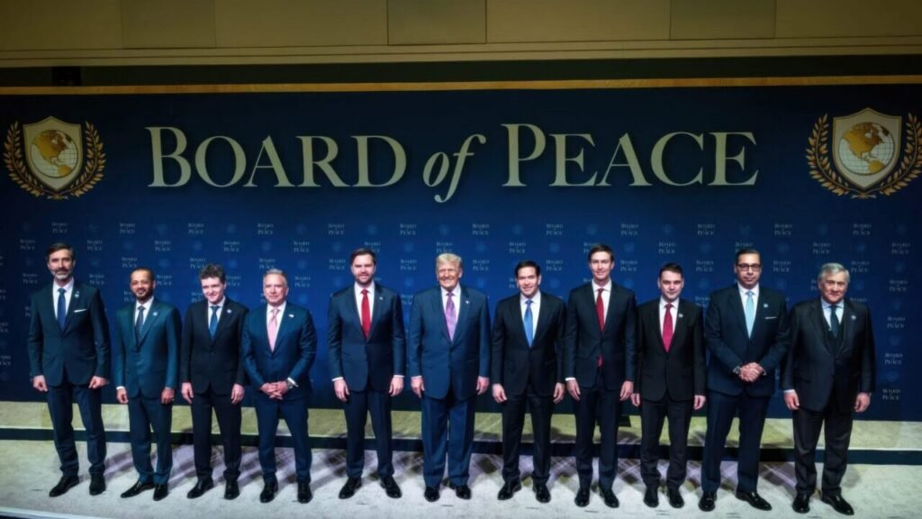 Middle East Shield Cannot Be Built by the Region US President Donald Trump standing alongside officials in front of a Board of Peace backdrop in Washington, DC, reflecting international initiatives to construct a Middle East Shield.