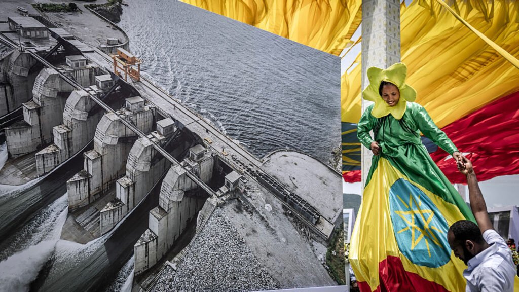 تفاقم أزمة سد النيل مع خطط إثيوبيا لبناء ثلاثة سدود جديدة A composite graphic juxtaposing a historical black-and-white aerial photograph of a massive concrete dam on the left, with a vibrant image of a woman celebrating in a dress designed from the Ethiopian flag on the right, symbolizing the clash between historical water control and new national ambitions that deepens the Nile Dam Crisis as Ethiopia plans three new dams.