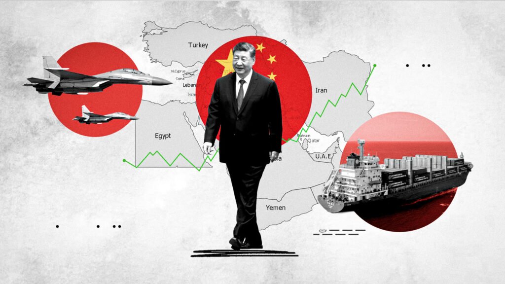 نقش چین در خاورمیانه بدون توافقهای جدید گسترش مییابد A graphic illustration depicting Chinese President Xi Jinping walking across a Middle East map alongside military jets and cargo vessels, highlighting the expanding China Middle East role.