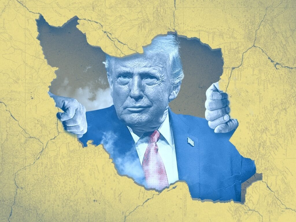 A conceptual graphic showing a blue-tinted portrait of Donald Trump in a suit and pink tie breaking through a jagged tear in a yellow map of Iran with his fists, symbolizing how his aggressive war pressure is shattering the US Alliances that previously held the regional security framework together.