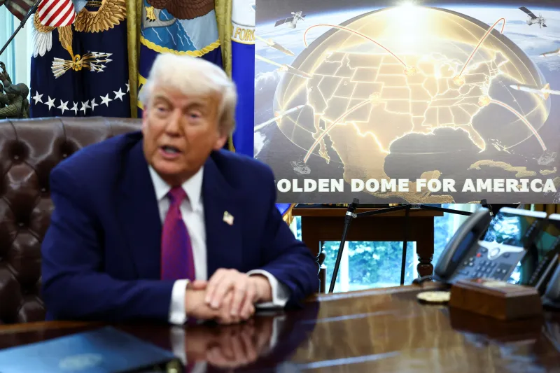 Space Arms Race Accelerates Without Defense Limits A photograph of President Donald Trump sitting at the Resolute Desk in the Oval Office, speaking with his hands clasped, while a large screen behind him displays a glowing golden dome shield over a projection of the Earth with the text "GOLDEN DOME FOR AMERICA", representing the advanced missile defense initiatives driving the Space Arms Race forward without international defense limits.