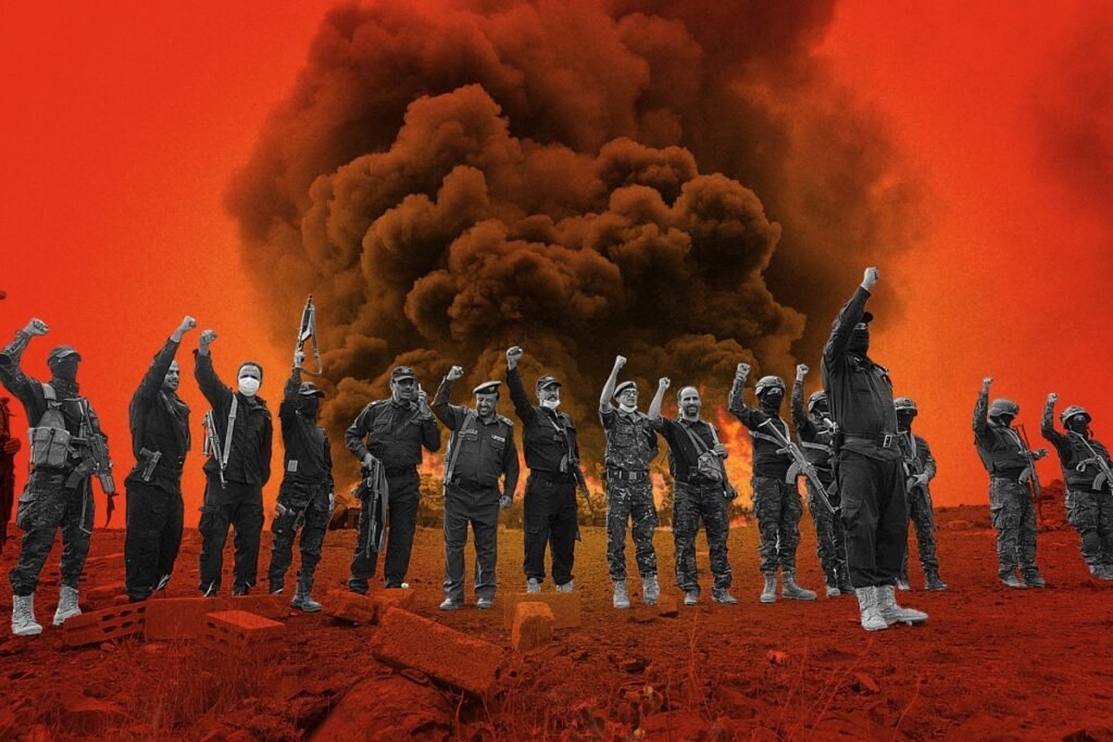 Armed men in tactical gear raise fists and rifles on rubble beneath a massive smoke plume and red sky, symbolizing the fragile postwar order around the Bab al-Mandab Strait .