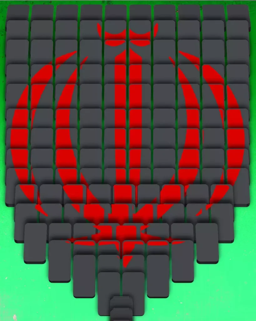 A conceptual digital graphic featuring a pixelated punching bag structure made of stacked dark grey blocks, with the red, stylized word "Allah" (the central emblem of Iran's flag) overlaid across the blocks against a bright green background, symbolizing the crumbling structural integrity and relentless economic punishment that signal an imminent Iranian Regime Collapse as sanctions outlast Tehran.