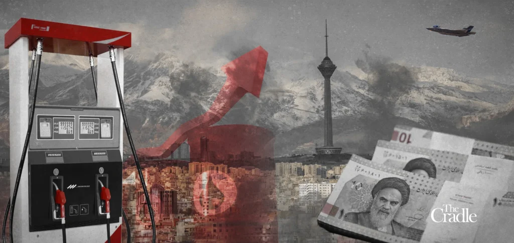 A composite image blending a fuel pump, a rising red arrow, Iranian rial banknotes, Milad Tower, and a fighter jet over Tehran's skyline, capturing the pressures of the Iran War Economy where the wrong people pay the price.