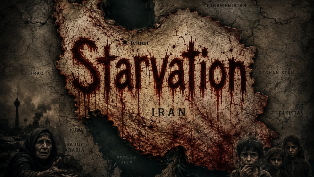Starvation in Iran Could Be Deliberate, Not Accidental A grim composite image showing a cracked, blood-stained map of Iran with the word "Starvation" dripping in red, surrounded by distressed images of an elderly woman and starving children, symbolizing the alleged deliberate strategy of Starvation in Iran as a tool of war or coercion rather than an accidental famine.