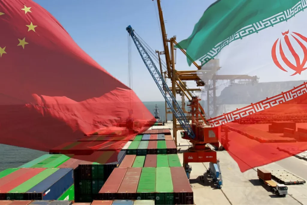 A composite photograph of a bustling container port with yellow cranes and stacks of colorful shipping containers, overlaid with the large, translucent flags of China and Iran, visually representing the robust economic lifeline and strategic trade alliance that cause Iran sanctions fail under Washington's fear of triggering Chinese retaliation.