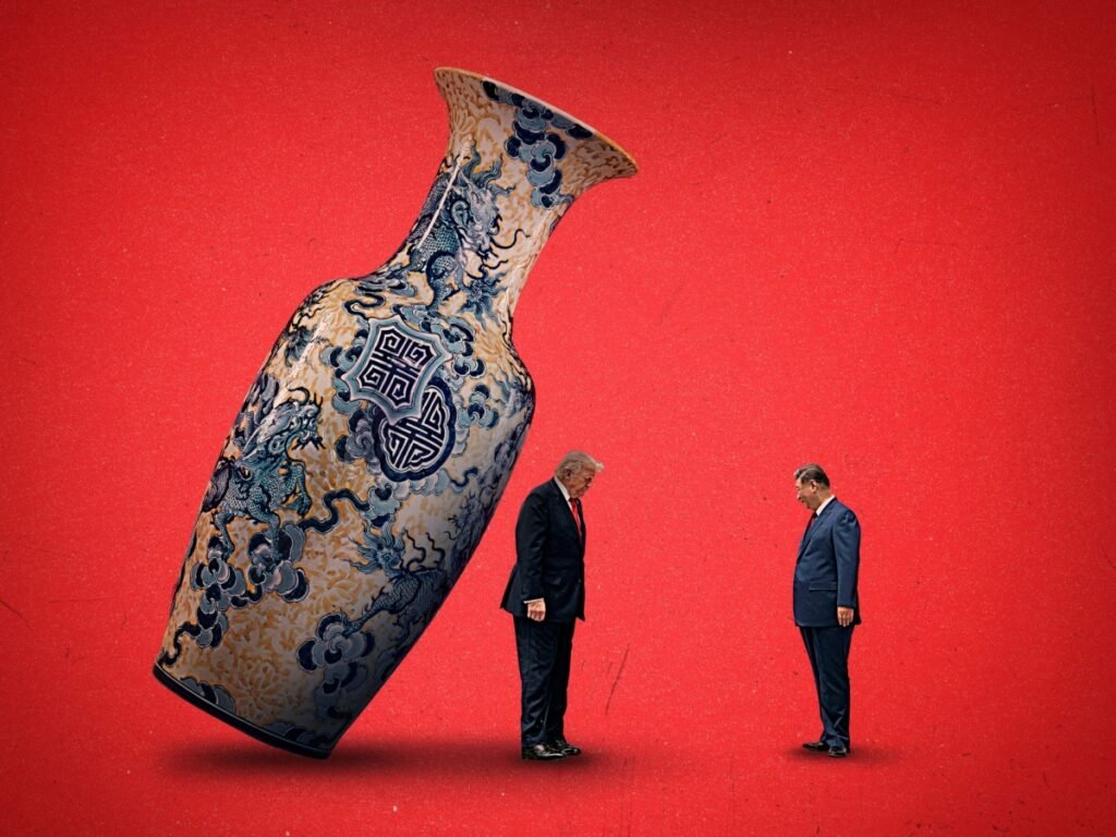 China-Iran Lifeline depicted by a giant Chinese porcelain vase between two political figures on a red background