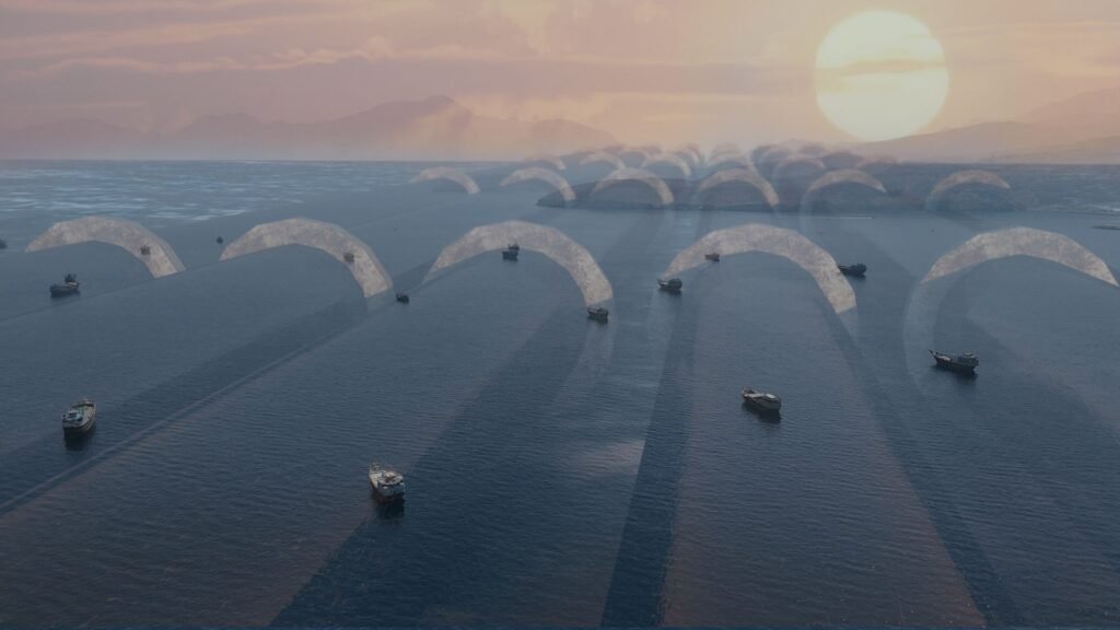 Why Hormuz Bypass Routes Need Redundancy, Not Substitutes Small boats navigate calm waters beneath translucent, ghostly archways stretching toward a hazy coastline at sunset, visualizing the argument that Hormuz bypass routes need redundancy, not substitutes.