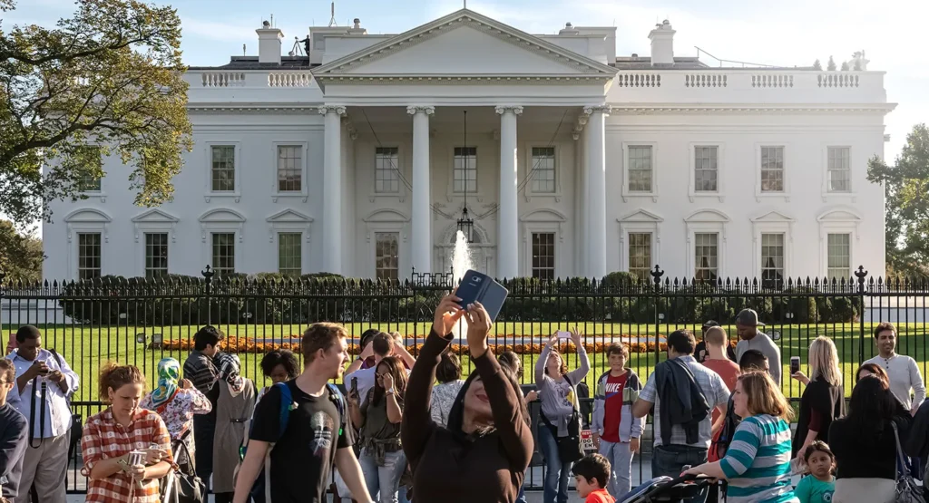 Diverse tourists taking photos outside the White House fence, illustrating the global institutional prestige and cultural attraction of US Soft Power.