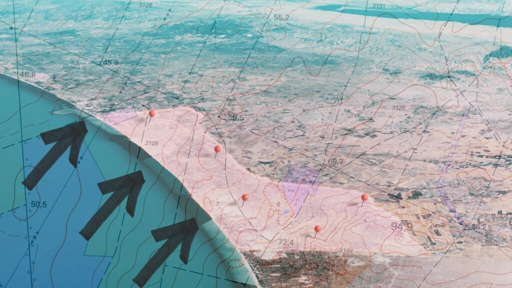 A stylized topographic map graphic showing bold black arrows pointing from a teal sea onto a pink landmass marked with contour lines, red location dots, and numerical data, symbolizing the complex movement of forces and shifting boundaries during the Gaza Transition, a period that shifts power dynamics without providing clear security guarantees.