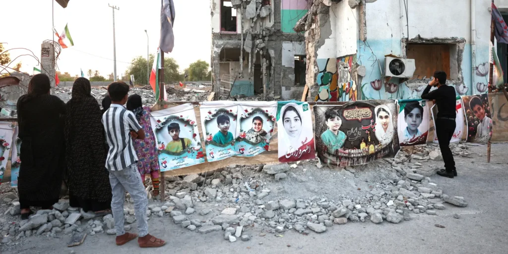 Memorial posters for killed students at Minab school in Iran destroyed in US precision strikes.