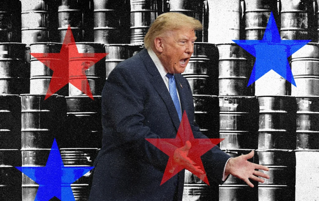 A photo collage of US President Donald Trump shouting and gesturing with open hands, set against a backdrop of stacked black-and-white oil barrels overlaid with oversized red and blue stars, symbolizing the political fanfare and geopolitical posturing that will not translate into immediate market relief, suggesting the Venezuela Oil Deal won't lower gas prices anytime soon.