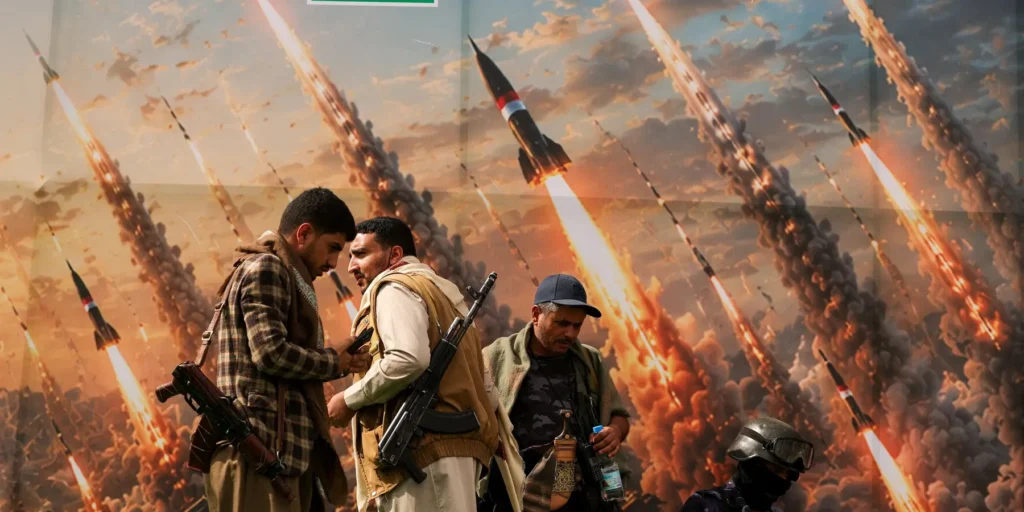 محاصره باب المندب جنگ ایران را به نفع تهران تغییر میدهد Yemeni fighters carrying AK-47 rifles stand before a massive poster of launching ballistic missiles, representing the military posture behind the Bab al-Mandeb Blockade that tips the Iran War toward Tehran.