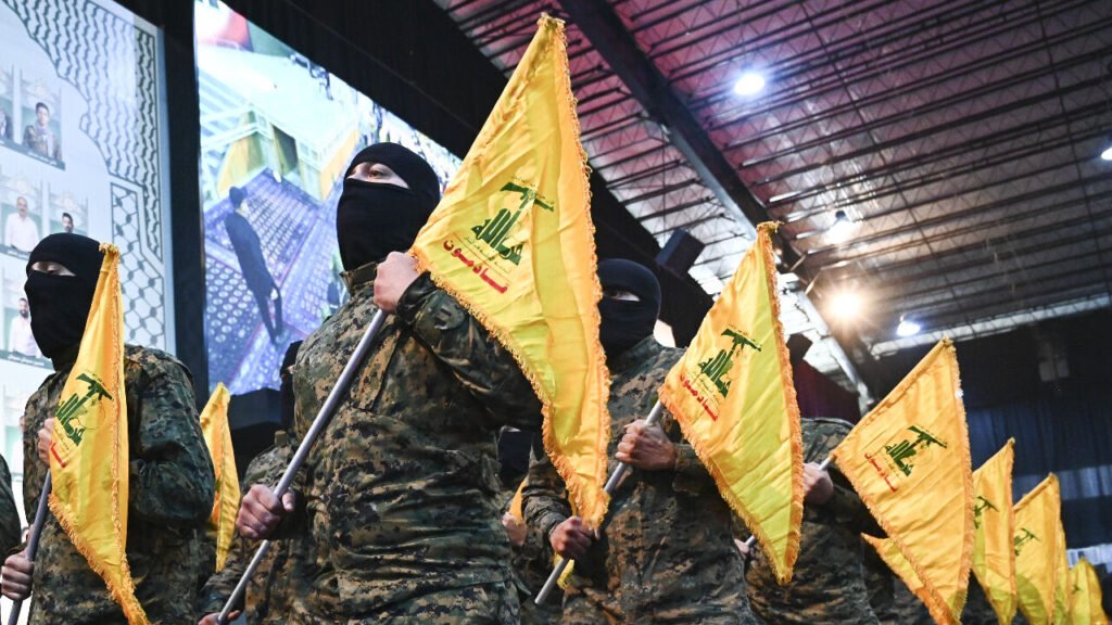 Masked Hezbollah militia members in military camouflage marching with yellow flags during a rally, highlighting the organizational force behind Hezbollah Survival.