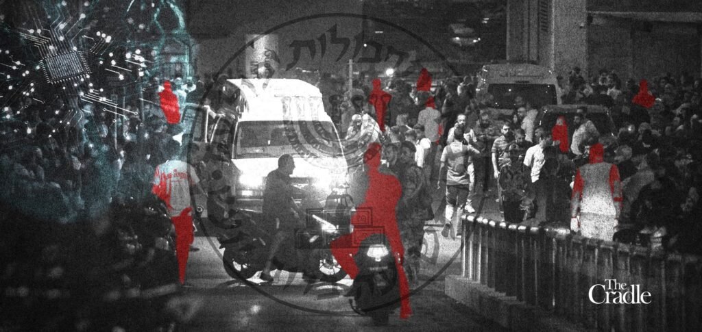 A gritty black-and-white surveillance composite showing a crowded street with a van and motorcycles, where specific individuals are highlighted in bright red silhouettes under a crosshair target ring and digital circuit board overlays, visually representing the covert tracking operations that define Mossad Recruitment and transform assets into expendable agents.