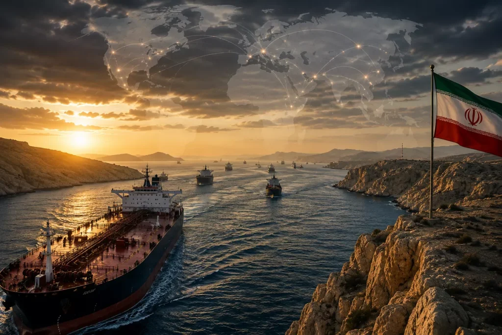 US policy on Iran hasn’t won—but Tehran is losing A dramatic composite graphic showing a massive crude oil tanker navigating the narrow Strait of Hormuz under a golden sunset, with an Iranian flag planted on the rocky cliff and a glowing world map of network lines overlaying the sky, illustrating how the economic and diplomatic pressures of US policy on Iran have not achieved a decisive strategic victory but are steadily draining Tehran's resources and regional leverage.