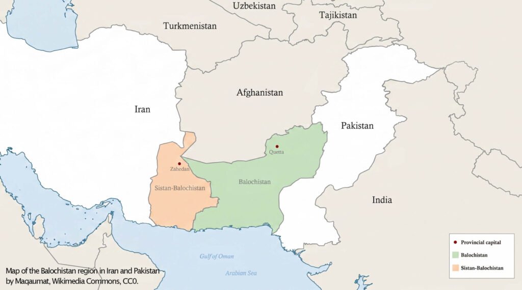 A political map of the Middle East and South Asia highlighting the Sistan-Balochistan province in Iran and the Balochistan province in Pakistan, along with the provincial capitals Zahedan and Quetta, visually representing the porous cross-border terrain that fuels the Balochistan insurgency and traps both nations in a shared security dilemma.