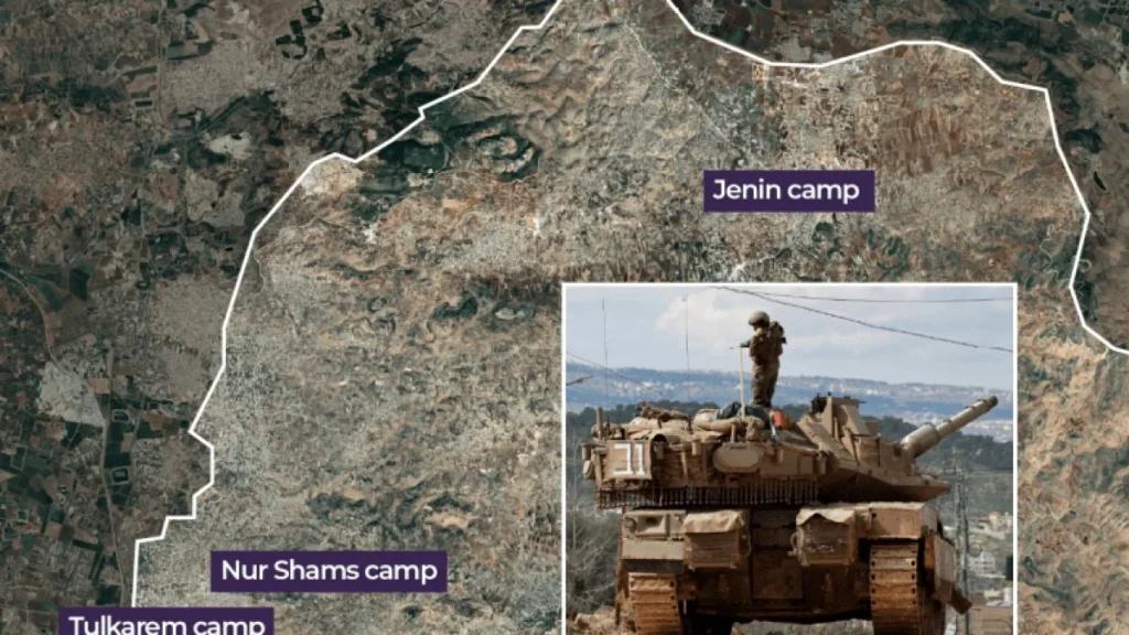 إعادة تشكيل الضفة الغربية تفرض السيادة الإسرائيلية دون ضم A composite graphic combining a satellite map of the northern West Bank with white boundary lines marking the Jenin, Nur Shams, and Tulkarem refugee camps, alongside an inset photograph of an Israeli soldier standing atop a Merkava tank, visually illustrating the military-driven West Bank reshaping that imposes de facto sovereignty without formal annexation.