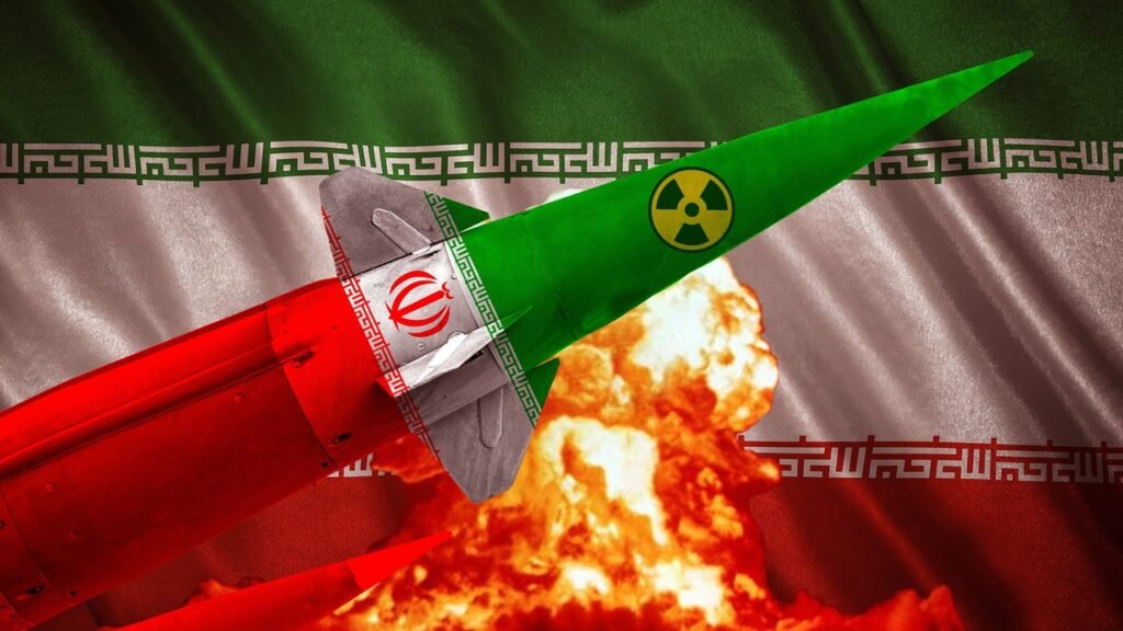 يمكن قصف المواقع النووية الإيرانية. الذكاء الاصطناعي لا يمكن. ترامب مخطئ A green-tipped missile bearing a nuclear symbol and Iranian flag colors rises from a fiery explosion, representing the Iran Nuclear Sites that can be bombed, but AI cannot, challenging Trump's stance.