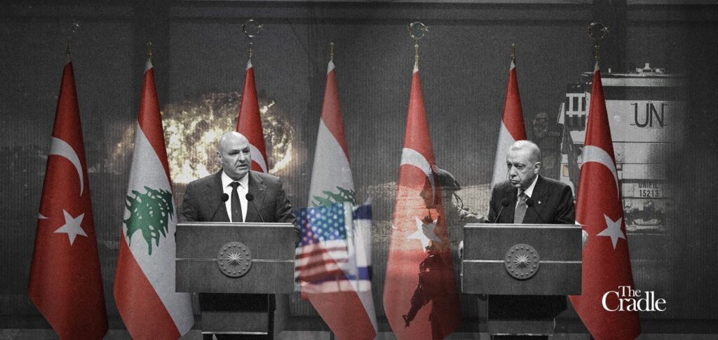 Lebanon Partition Would Deny Turkey the State It Needs Turkish President Recep Tayyip Erdogan and Lebanese President Joseph Aoun stand at podiums bearing the Turkish presidential seal, framed by alternating Turkish and Lebanese flags, with a composite background showing an explosion, US and Israeli flags, a soldier silhouette, and UN vehicles — a visual scene tied to the debate over Lebanon Partition and what it would mean for Turkey.