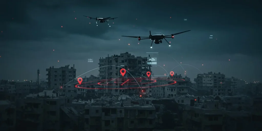 A dark, dramatic digital illustration showing two military drones hovering over a devastated, rubble-strewn cityscape, overlaid with red location pins and radar targeting circles, visually representing the advanced AI-driven surveillance and destructive power of the Israeli War Machine, a technological offensive arsenal directly fueled by research and academic talent from US universities.