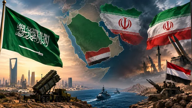Islamabad Memorandum: Why Riyadh Fears a Revived Tehran A strategic illustration showing the flags of Saudi Arabia, Iran, and Yemen over a regional map with military defense systems, illustrating why Riyadh concerns surround the Islamabad Memorandum.