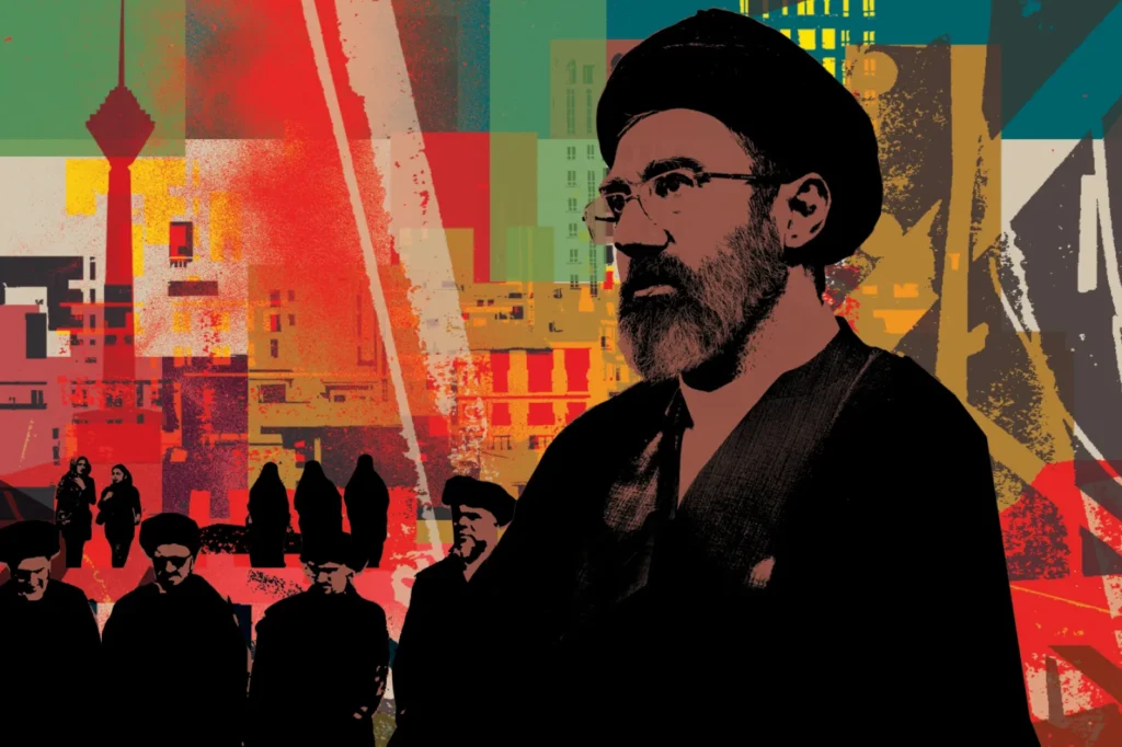 استراتيجية الهجوم الإيرانية تجعل البقاء مؤلماً للغاية بالنسبة للولايات المتحدة A graphic editorial illustration of Mojtaba Khamenei, Iran's Supreme Leader, in a black turban and glasses dominates the foreground, while silhouettes of other clerics and veiled women stand against a stylized Iranian cityscape of bold red, yellow, green, and grey blocks, with Milad Tower rising on the left — a visual embodiment of the Iran Offensive Strategy that makes staying too painful for the US.