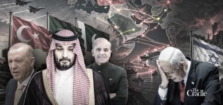 Geopolitical collage featuring Turkey's Erdogan, Saudi Arabia's Mohammed bin Salman, and Pakistan's Shehbaz Sharif with regional flags and trade routes, contrasting a distressed Benjamin Netanyahu, symbolizing the emerging Post-Israel Order.