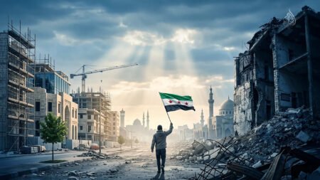 A person carrying the Syrian flag through a war-damaged street transitioning into reconstruction, illustrating regional geopolitical shifts and the future of Mashriq Security.