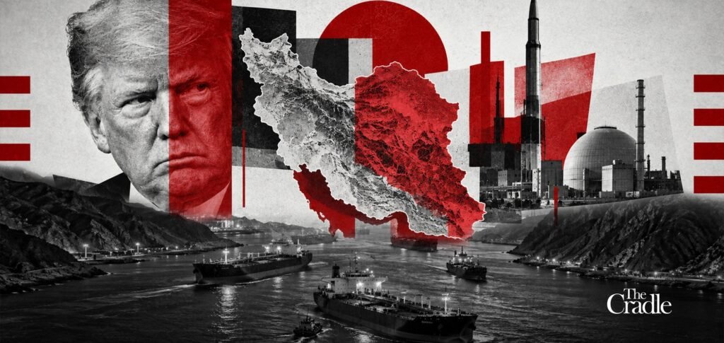 تحولات في عقيدة إيران النووية مع انهيار الثقة في الولايات المتحدة A graphic artwork depicting Donald Trump alongside a map of Iran, nuclear reactors, a ballistic missile, and oil tankers in a waterway, illustrating changes in the Iran Nuclear Doctrine amidst declining trust in the US.