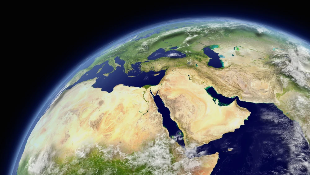 الحصار الأمريكي يفرض على طهران خيارًا قاسيًا: إما الاتفاق أو الانهيار Satellite view of Earth centered on the Middle East and Persian Gulf, illustrating the strategic scope and geopolitical pressure of a comprehensive US Blockade on Tehran.