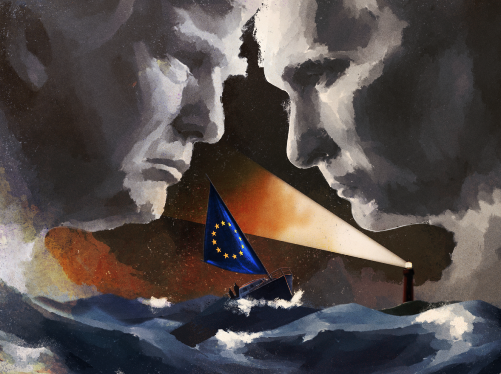 چرا بحران اتحادیه اروپا بروکسل را واکنشی کرده نه پیشرو A artistic illustration of a boat with an EU flag sailing through stormy seas between looming profiles of Donald Trump and Vladimir Putin toward a lighthouse, symbolizing the EU crisis.