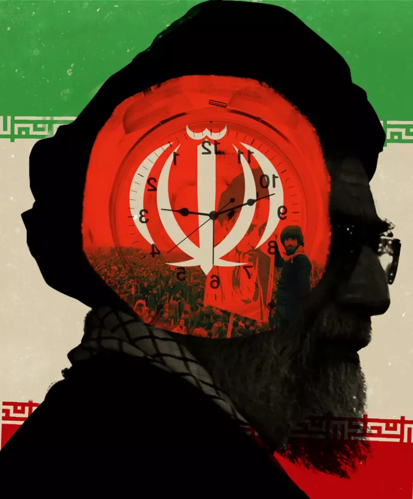 A graphic illustration featuring the silhouette of Supreme Leader Ali Khamenei with a clock, the Iranian emblem, and revolutionary crowds set against the Iranian flag, symbolizing the historical origins of the Iran hostage crisis.