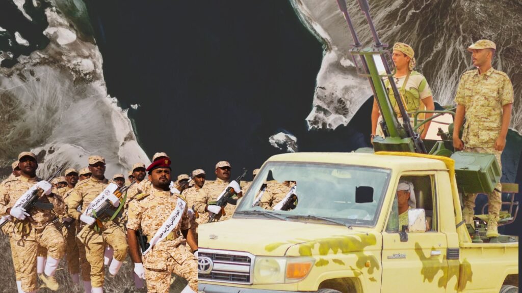 Bab al-Mandab and Hormuz Squeeze Saudi Oil From Two Sides Houthi coastal defense forces and a military gun truck composite against a satellite view of strategic choke points, illustrating security risks around Bab al-Mandab and Hormuz impacting Saudi oil supply lines.