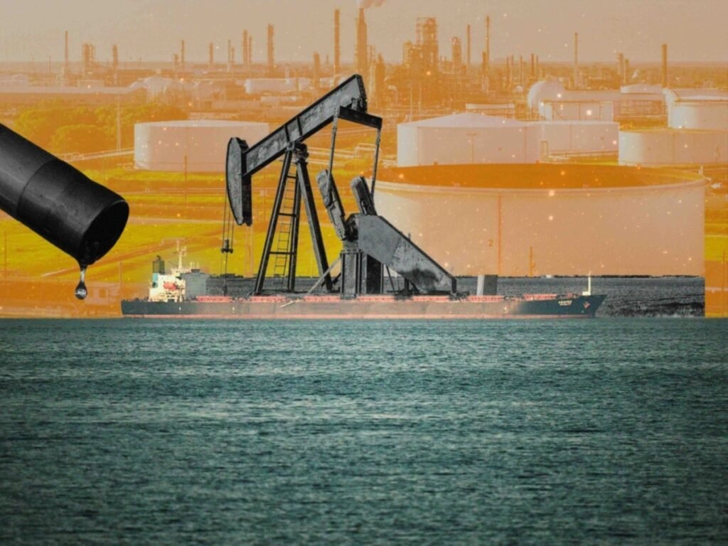 An industrial oil pump jack and a tanker ship silhouetted against a refinery landscape with a dripping oil pipe in the foreground, illustrating pressure on Gulf Economies.