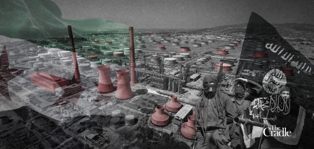 Syria Gas Lines Sabotage Serves Those Who Stay Silent A composite image of a gas facility and masked militants, illustrating the sabotage of Syria gas lines and its silent beneficiaries.