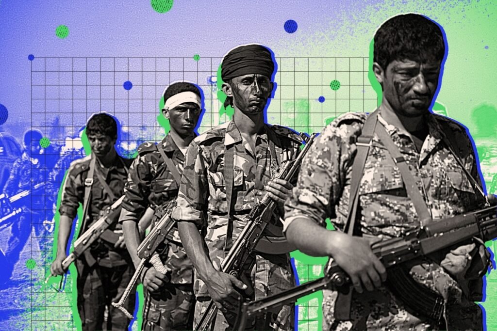 Armed Houthi fighters in camouflage holding rifles in a stylized graphic collage, representing how the Iran-Houthi Escalation has triggered diplomatic realignments and strengthened Riyadh's regional alliances.