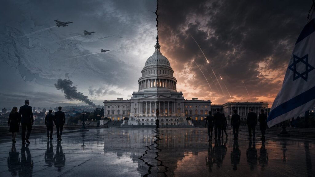 The US Capitol dome is split down the middle by a jagged crack, with dark storm clouds, fighter jets, and rising smoke on one side and an orange fiery sky streaked with missile trails on the other, while silhouetted figures in dark suits walk across a rain-slicked plaza reflected in the wet stone, a large Israeli flag with its blue Star of David draped prominently on the right — a divided image that captures why US Middle East Strategy runs through Israel, not past it.